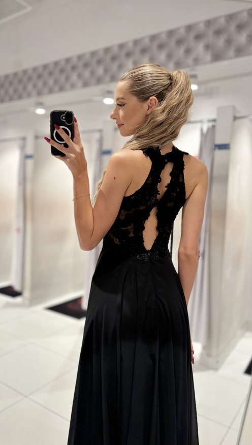 Długa sukienka zabudowany przód ozd plecy czarna