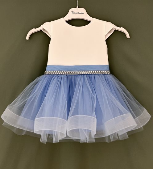 Sukienka dziecięca tiulowa pasek błękit/biel