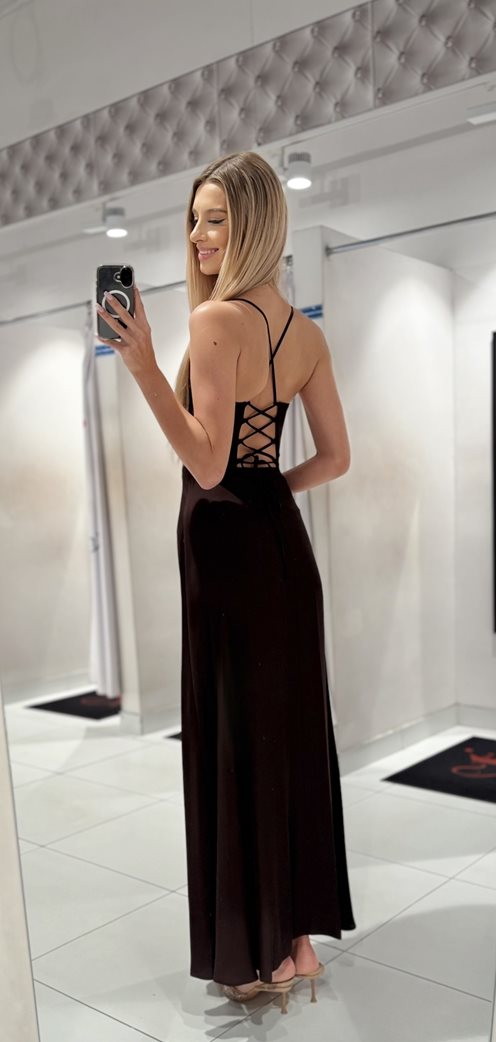 Sukienka długa na ramiączkach wiązana gładka czeko