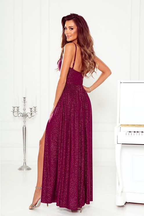 Sukienka długa o klasycznym kroju brokat bordo