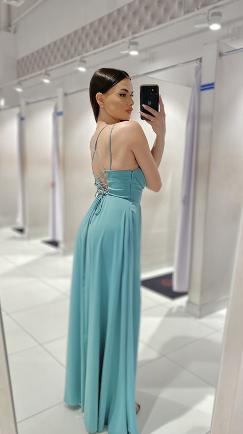 Sukienka długa dekolt woda wiązanie tył pistacja