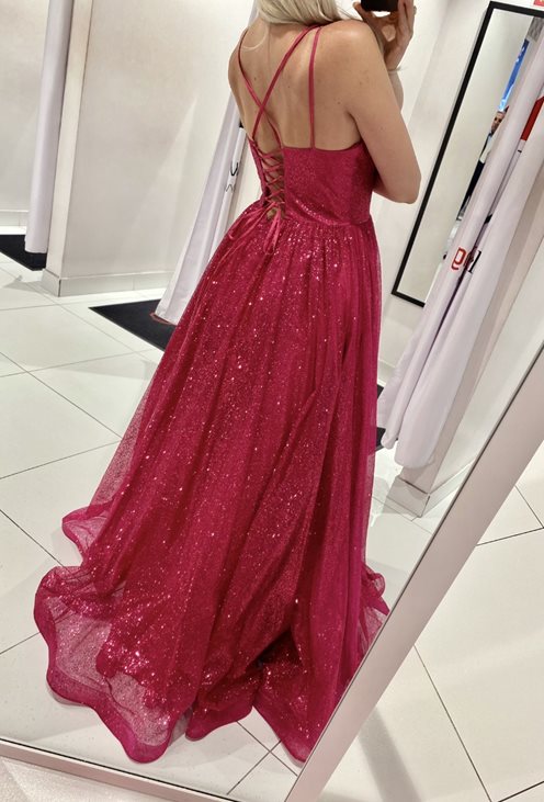 Sukienka długa rozłożysta mocno brokatowa fuksja