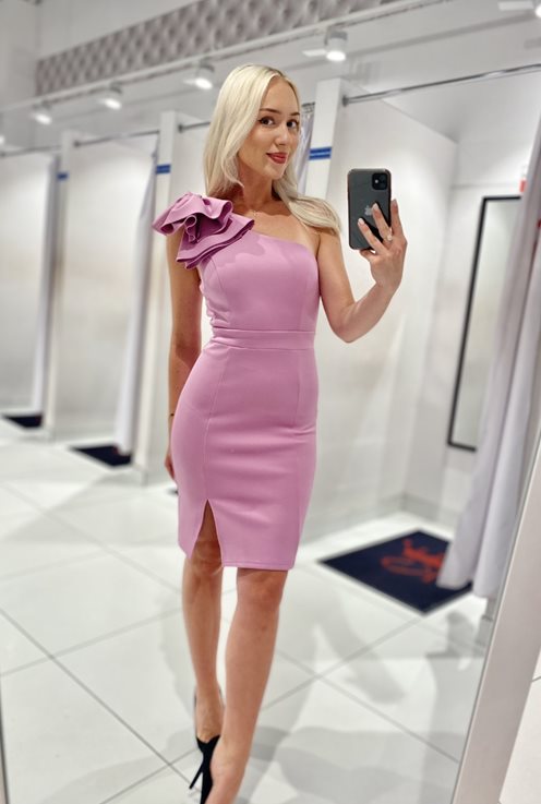 Sukienka krótka jedno ramię kokarda wrzos