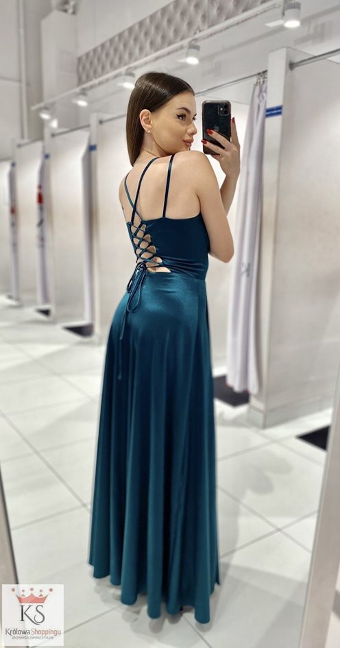 Sukienka długa satyna wiązane plecy morska zieleń