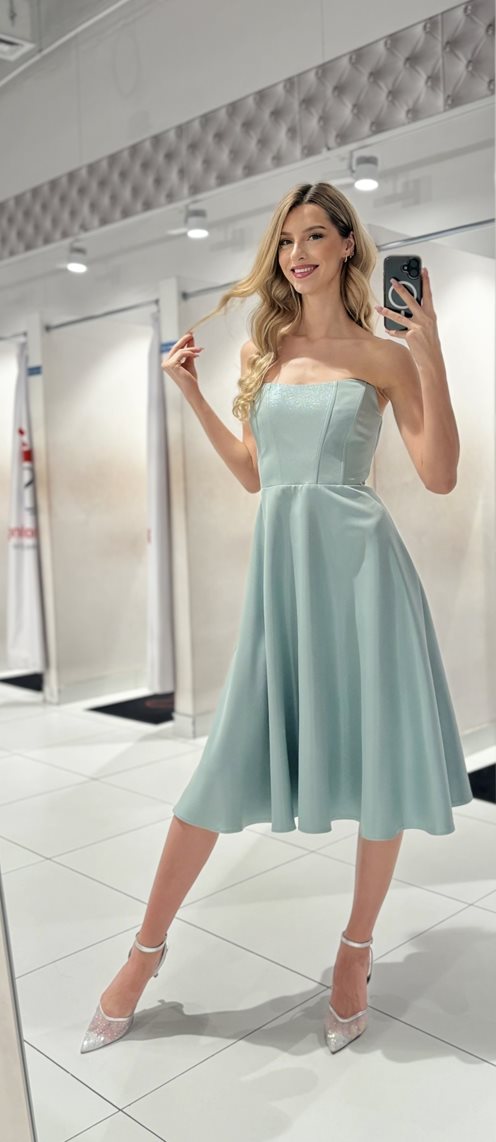 Sukienka midi prosta bez ramiączek błysk pistacja