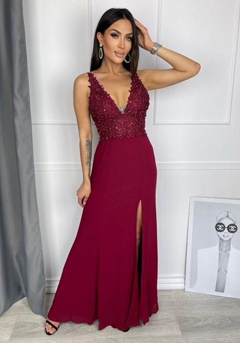 Sukienka długa ślubna ozdoba kamyki bordo