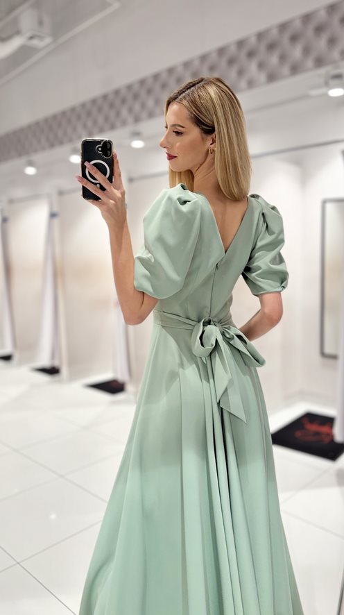 Sukienka długa bufiaste rękawki szałwia