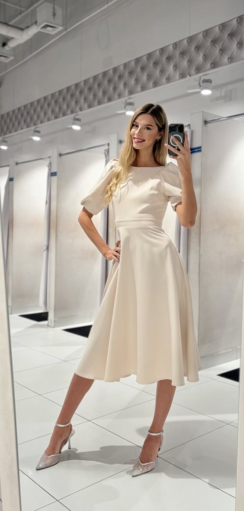 Sukienka midi rozkloszowana tył wycięcie krem