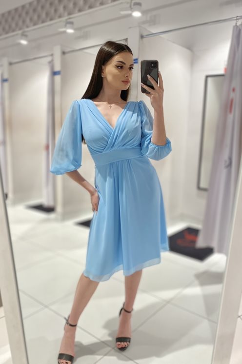 Sukienka krótka szyfonowa rękaw pas błękit