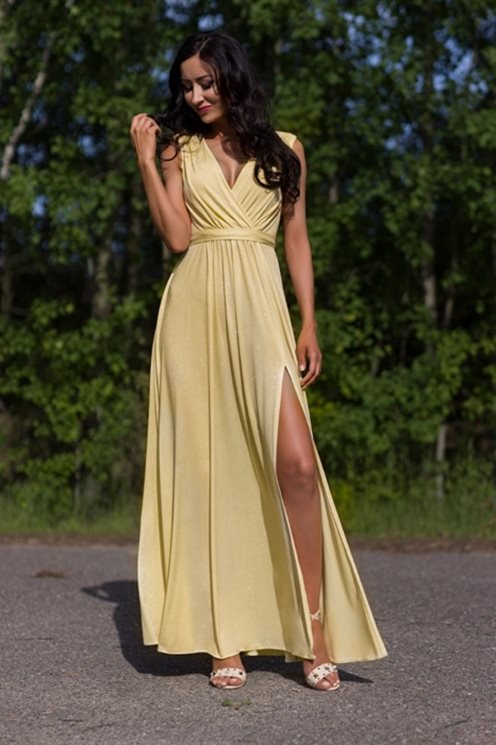 Długa sukienka fala dekolt brokat złoty