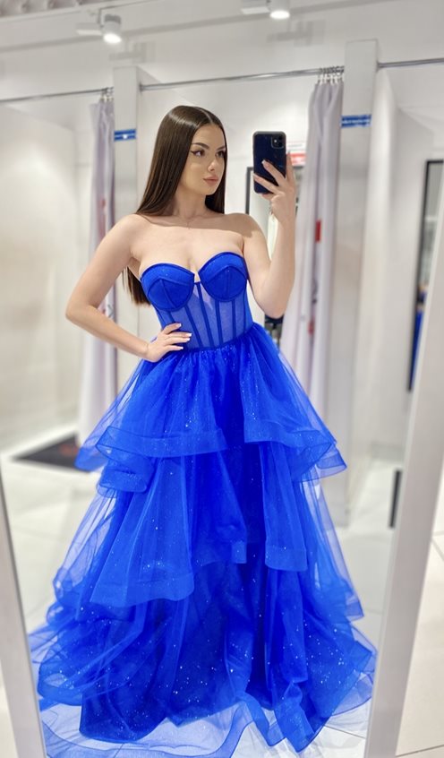 Sukienka długa brokatowa 3 falbany gorset chaber