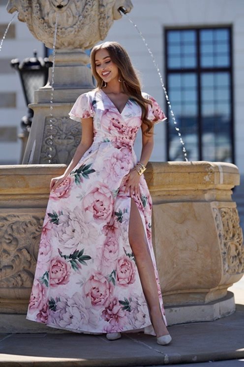 Sukienka długa rękawek print kwiaty Pudrowy róż