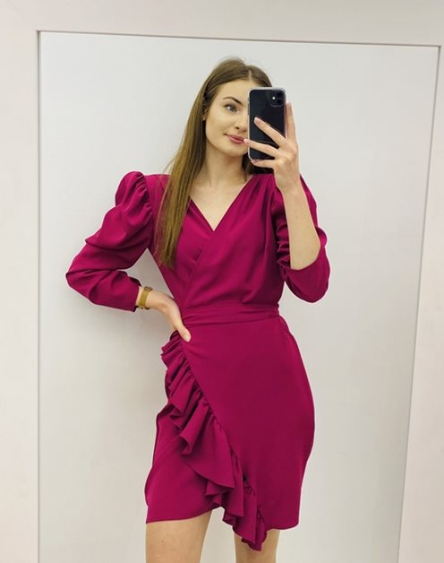 Sukienka krótka z wiązaniem i dekoltem V bordo