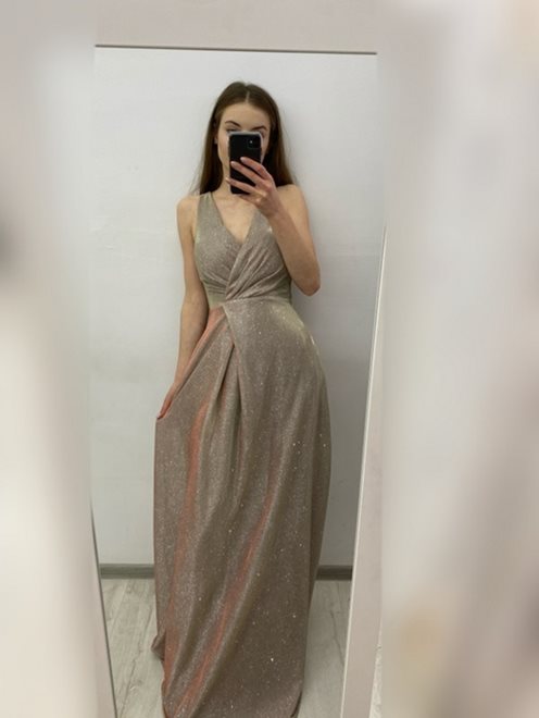 Sukienka długa brokatowa dekolt V złota