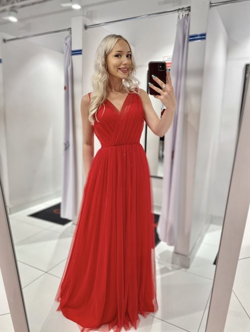 Sukienka długa tiul błyszcząca ramiączka czerwony