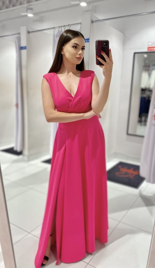 Sukienka długa tył wycięcie i kokarda fuksja