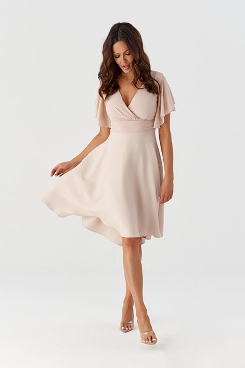 Sukienka asymetryczna pas i rękawek beż