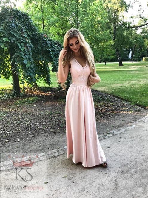 Długa sukienka otwarte plecy róż