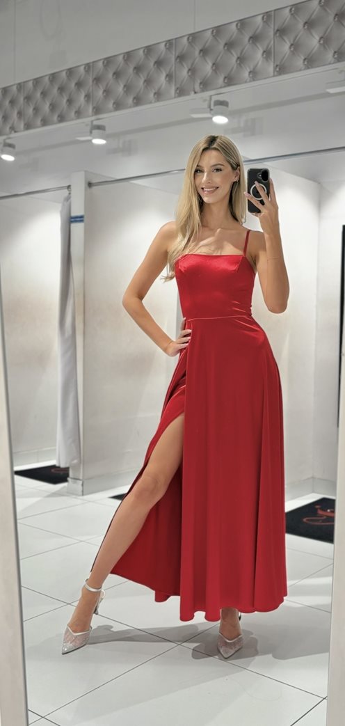 Sukienka długa satyna wiązane plecy czerwień