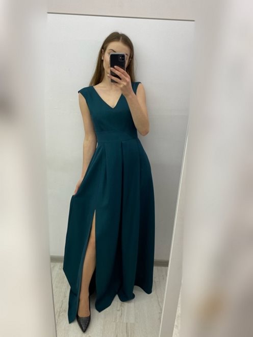 Sukienka długa gruby pas zakładki butelkowa zieleń