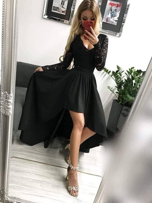 Sukienka asymetryczna długi rękaw koronkowy czarny