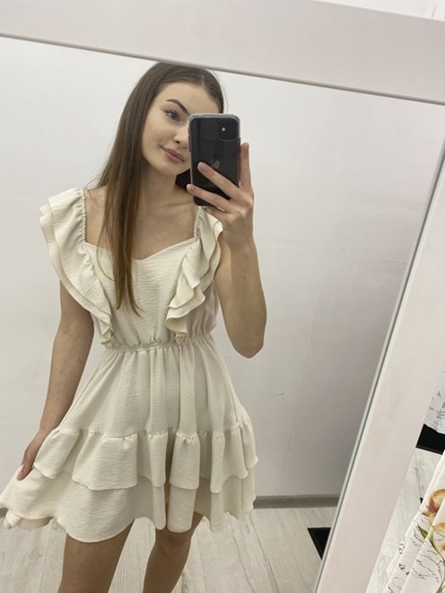 Sukienka krótka z 2 falbankami matowa beż