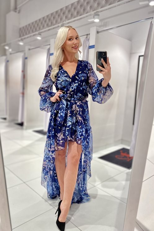 Sukienka asymetryczna rękaw kwiaty granat