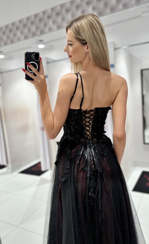 Sukienka długa tiul asymetria kwiaty czerń/bordo