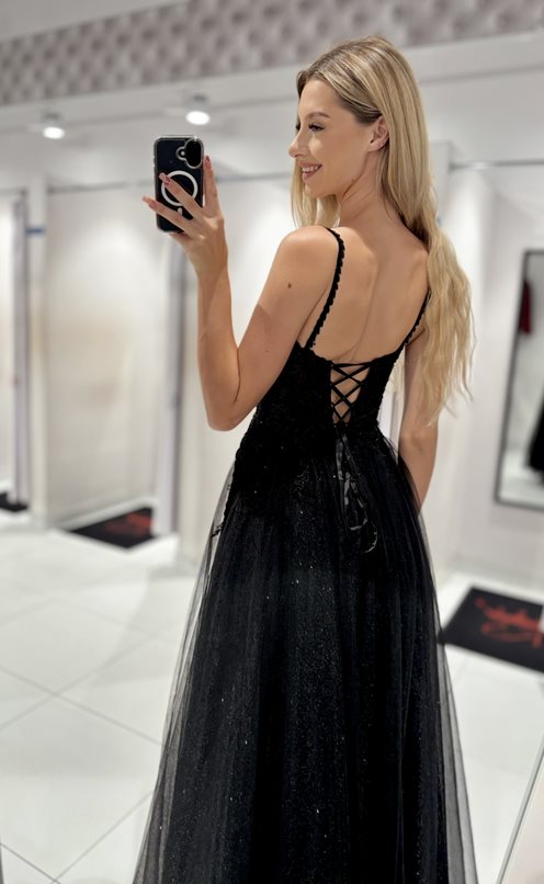 Sukienka długa tiulowa ramiączka liście czerń