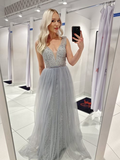 Sukienka tiulowa brokatowa perły szary