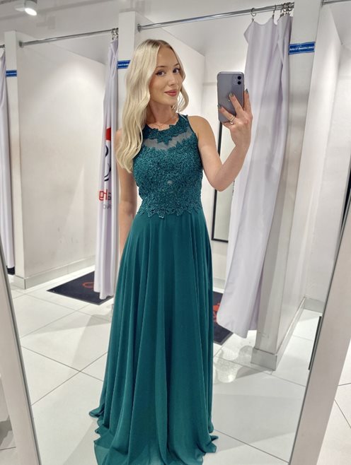 Długa sukienka zabudowany przód ozd plecy zielona