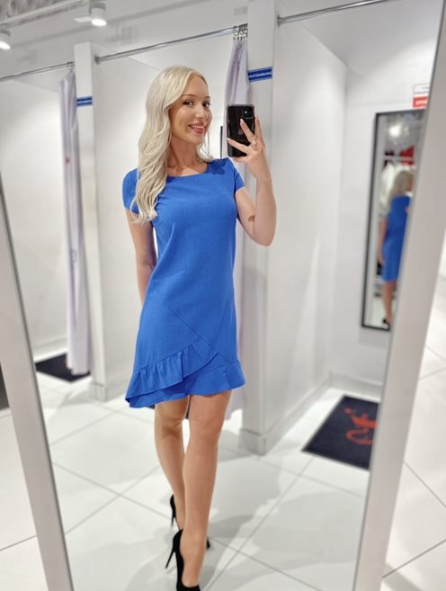 Sukienka trapezowa falbanki dół jeans