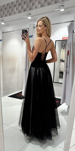 Sukienka długa gorset tiul brokat czerń/szary