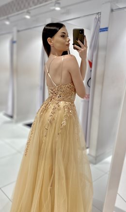 Sukienka długa tiul cekiny gorset złoto