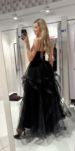 Sukienka długa falbany brokat tiul czerń