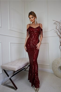 sukienka długa cekinowa opadające ramiona bordo