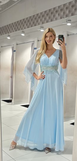 Sukienka długa rękawek zdobiona talia błękit