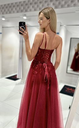 Sukienka długa tiul asymetria kwiaty brokat bordo