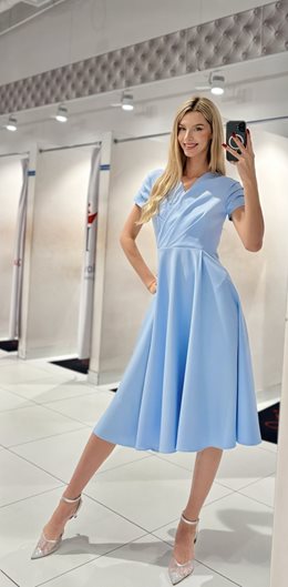 Sukienka midi marszczony rękawek zakładka błękit