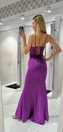 Sukienka długa zdobienia dekolt pas fiolet