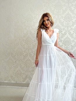 Długa sukienka na ramiona falbany biały