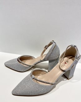 Czółenka brokatowe ozdobny pasek srebro