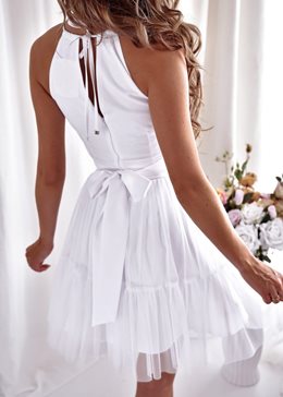 Sukienka krótka tiul biała ozdobny pasek