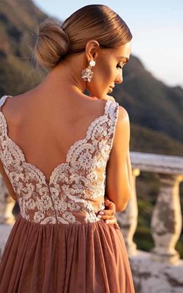 Długa sukienka koronkowa góra tiul brąz