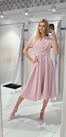 Sukienka midi marszczony rękawek zakładka puder