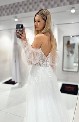 Sukienka długa tiul koronka brokat rękawy biel