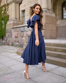 Sukienka midi gładka rękaw falbanki granat