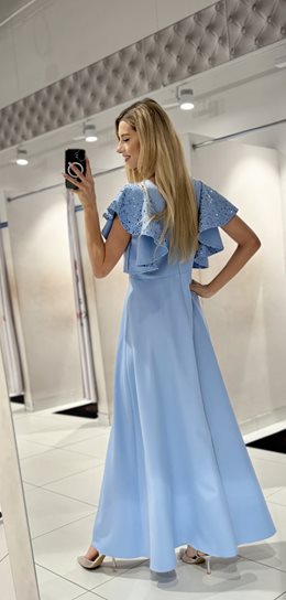 Sukienka długa klosz cekinowy rękawek błękit