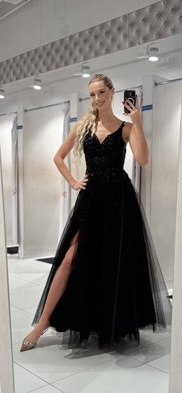 Sukienka długa tiulowa brokat kwiatki gorset czerń