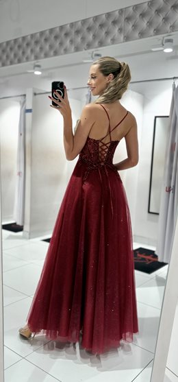 Sukienka długa gorset tiul brokat bordo